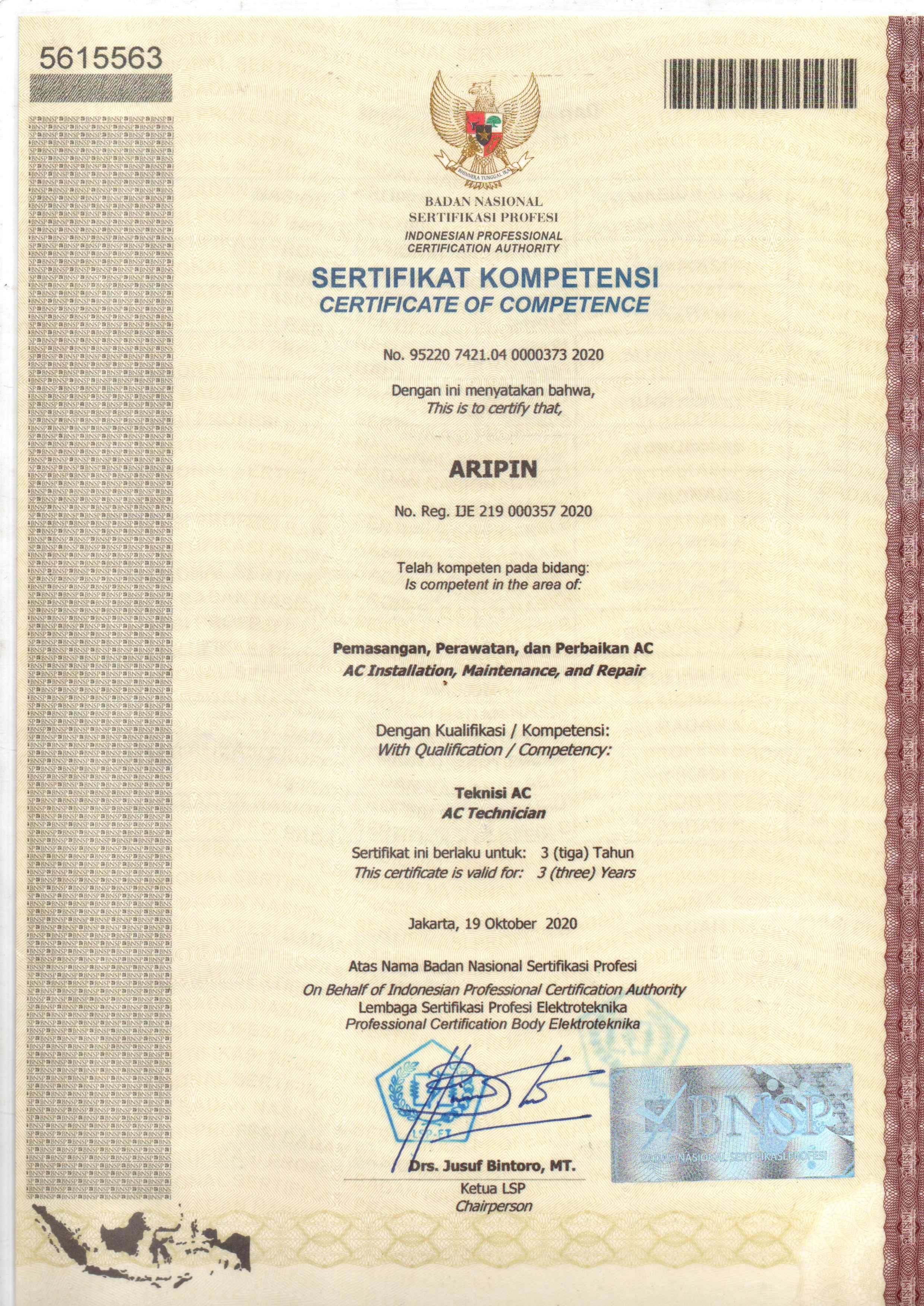 Sertifikat Kompetensi Teknisi AC